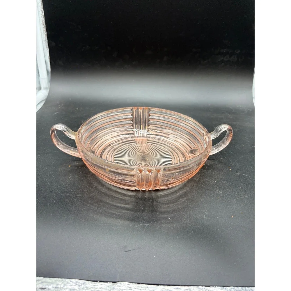 Vintage Pink Depression Glass Ribbed Candy Dish Art Deco Two Handle Nut Bowl‎